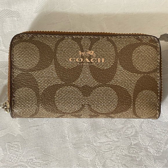 Coach Women's Khaki Signature Logo Canvas Small Two Zippered Zip Around Wallet - Picture 4 of 5